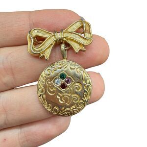 Gold Tone Avon Tied Ribbon Bow Rhinestones Drop Pin Marked DEAR on Back Brooch